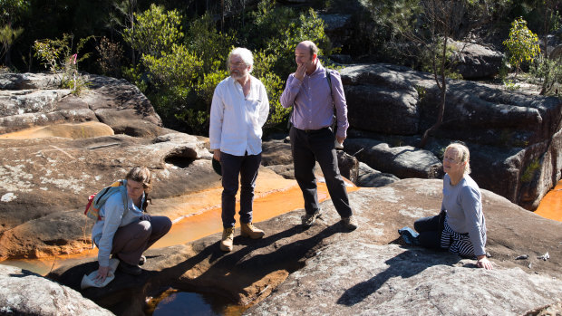 Orange is the new pristine? Visitors to one of the Special Areas of Sydney's catchment area this week, (left to right), Georgina Woods from Lock the Gate, Peter Turner of the National Parks Association, Western Sydney University's Ian Wright and Kaye Osborn from the Protect Our Water Alliance.
