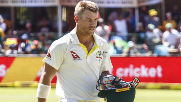 David Warner leaves the field after losing his wicket on the third day of the second Test against South Africa.