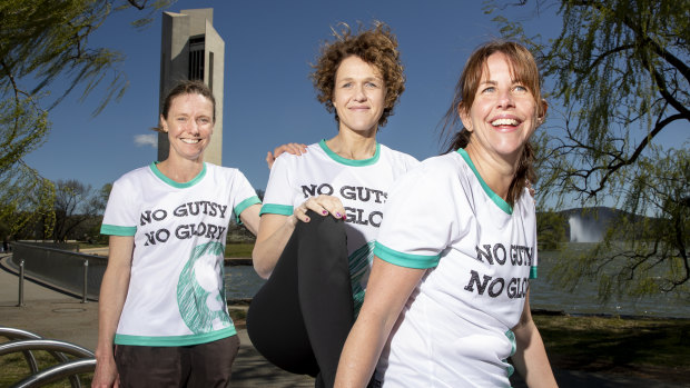 Jen Ticehurst, left, Sarah McGoram, and Maggie Almond are running in the Canberra Times fun run to raise money for gastrointestinal cancer.