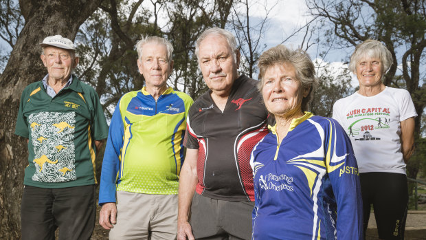 Canberra's population above the age of 65 is growing faster than most places. Jack Palmer, Eino Meuronen, Bob Mouatt, Ann Ingwersen, and Caroline Campbell before a walk up Mount Ainslie.