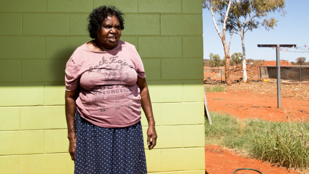 Carer Dadu Gorey outside her home in Yuendumu. Her husband, Victor Ross, is on dialysis.