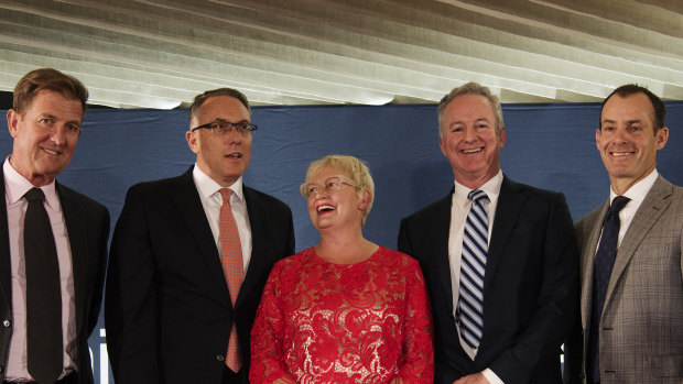 From left Seven West Media chief executive Tim Worner, Foxtel chief executive Patrick Delany, ThinkTV chief executive Kim Portrate, Nine chief executive Hugh Marks and Ten chief executive Paul Anderson.