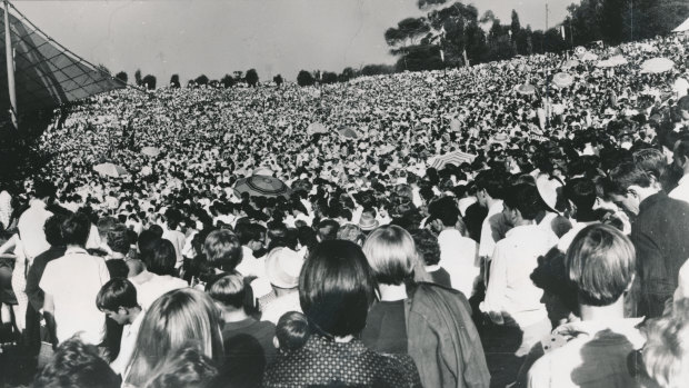 A record breaking crowd of over 200,000 gathered to watch The Seekers perform at the Sidney Myer Music Bowl in March, 1967.