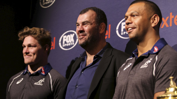 Wallabies captain Michael Hooper, coach Michael Cheika and fullback Kurtley Beale at the Fox Sports Rugby World Cup launch in Sydney on Tuesday.