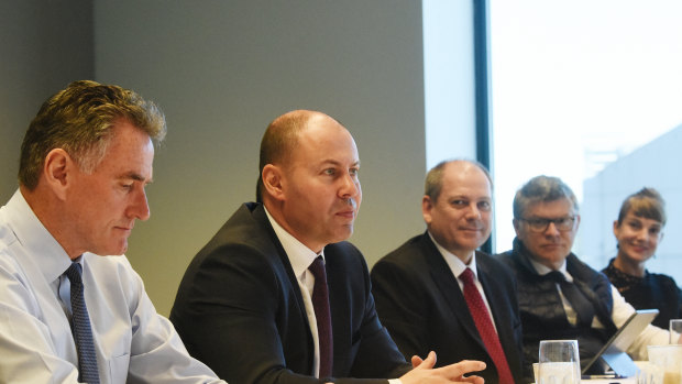 From left: Ross McEwan, CEO of NAB, Treasurer Josh Frydenberg, and Peter King, Westpac's acting chief executive. 