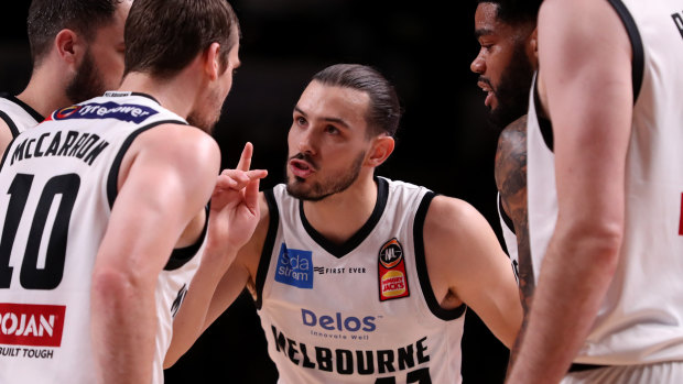 Finals focus: Melbourne United star Chris Goulding gees up teammates during Sunday's crucial win over Adelaide 36ers.
