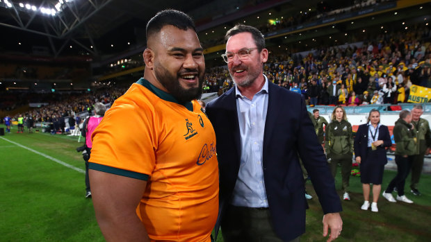 Taniela Tupou and Dan McKellar after the Wallabies’ victory over France in Brisbane.