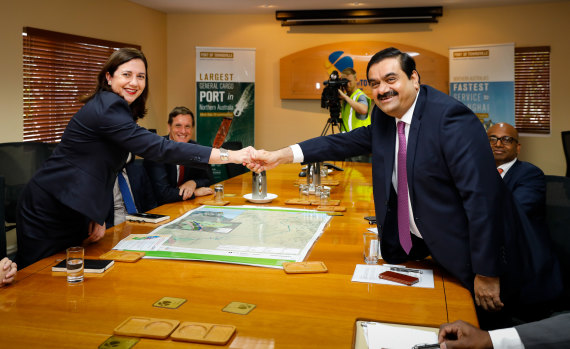 Queensland Premier Annastacia Palaszscuk shaking hands with Adani chairman Gautam Adani in December 2016.