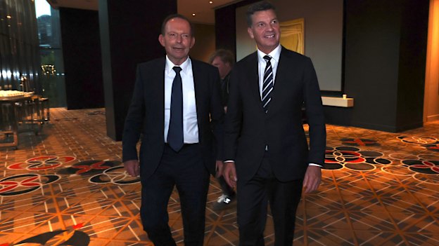 New Liberal Party president former prime minister Tony Abbott with Liberal leader Angus Taylor at the party’s federal conference last weekend. Abbott is a leading opponent of net zero.
