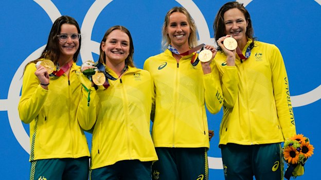 Medal-winning machines ... Kaylee Mckeown, Chelsea Hodges, Emma Mckeon and Cate Campbell after winning the 4x100m medley relay.