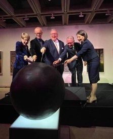 NSW Governor Margaret Beazley, AGNSW director Michael Brand, Arts Minister Don Harwin, AGNSW president David Gonski, and Premier Gladys Berejiklian cut the cake to celebrate the 150th birthday of the Art Gallery of NSW.