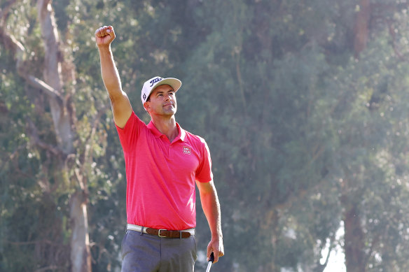 Adam Scott celebrates winning the Riviera PGA in Los Angeles.