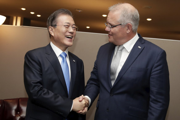 Prime Minister Scott Morrison meets with President of South Korea Moon Jae-in on Monday.