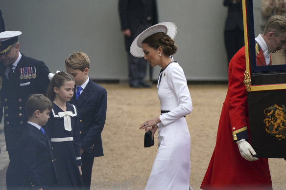 The Princess of Wales with her children, Prince Louis, front, Princess Charlotte and Prince George.