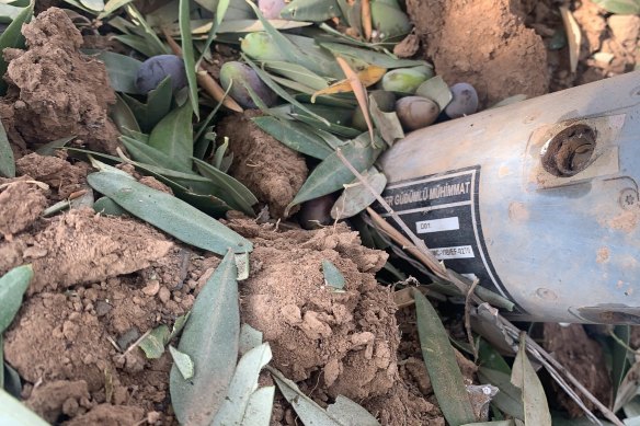 An unexploded bomb with Turkish language markings dropped by a drone during a strike close to the Syria-Turkey border.