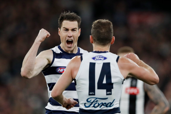 Geelong star Jeremy Cameron celebrates a goal.