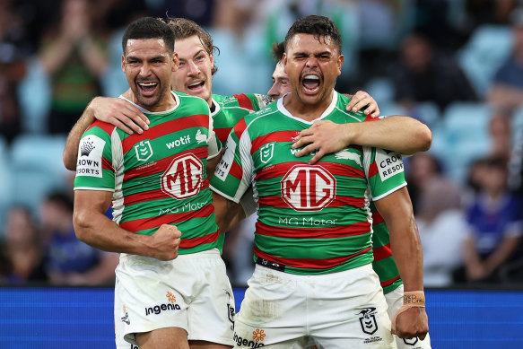 Cody Walker (left) is back for Souths but Latrell Mitchell remains out of action.
