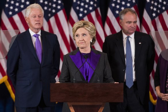 Hillary Clinton concedes the presidential election supported by her husband, former president Bill Clinton and her running mate Tim Kaine, in 2016.