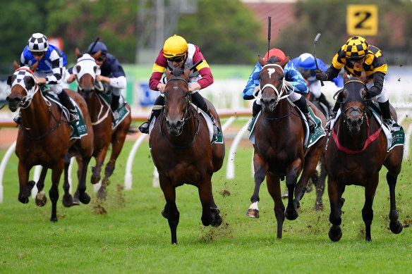 Shout The Bar leads all the way for Adam Hyeronimus in the Vinery Stud Stakes.