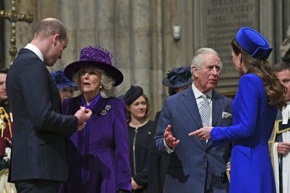 Prince William, left, and Catherine, right, talk with Prince Charles and Camilla, at the Commonwealth Day service at Westminster Abbey.