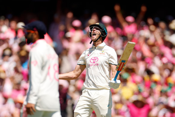 Australia’s Beau Webster celebrates hitting the winning runs after Australia won back the Border-Gavaskar Trophy at Sydney Cricket Ground on Sunday.