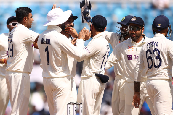 Ravichandran Ashwin and India celebrate a wicket.