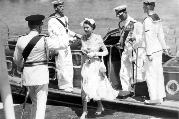 The moment the Queen stepped ashore in Australia, at Sydney’s Farm Cove, in 1954. 
