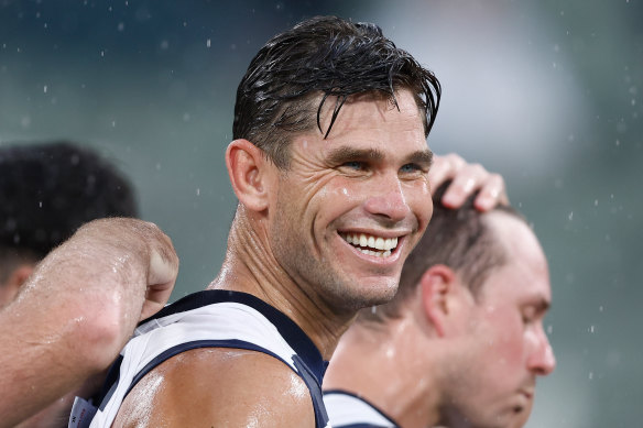 Tom Hawkins will equal the Geelong club record on Friday night in game 355. 