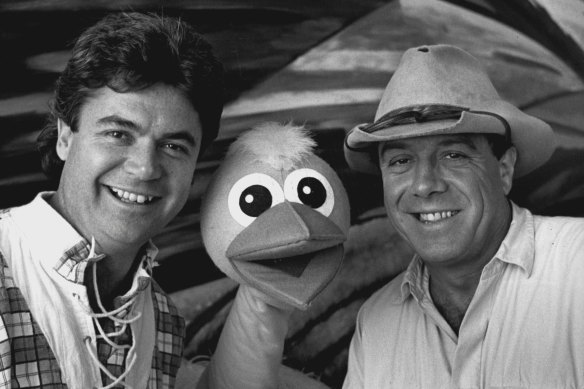Darryl Somers, Ossie Ostrich & Molly Meldrum on Hey Hey It's Saturday in 1988.