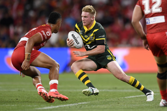 Tom Dearden scored a strong individual try on his Kangaroos debut against Tonga.