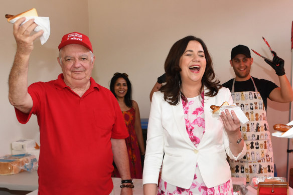 Premier Annastacia Palaszczuk with her father, Henry Palaszczuk, voting in the Queensland election at Inala State School in October in 2020.
