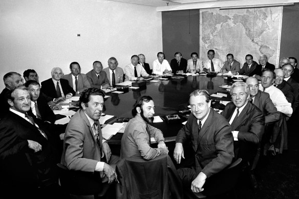 Moss Cass, centre, as part of the second Whitlam government ministry.
