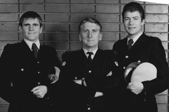 Terry Norris, centre, with Gil Tucker (left) and Greg Ross in the long-running Australian TV series Cop Shop.