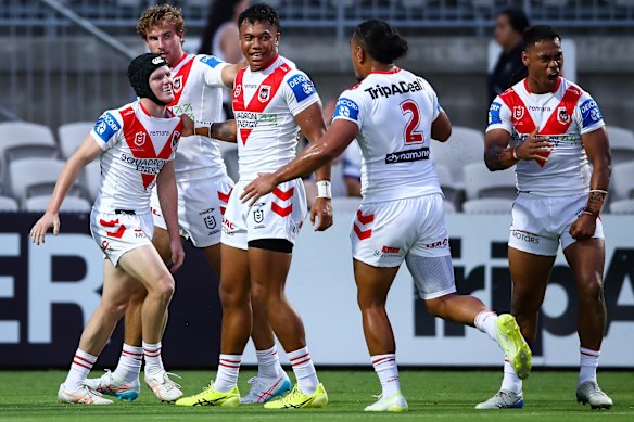 Kade Reed (headgear) was a standout during the NRL trials for St George Illawarra.