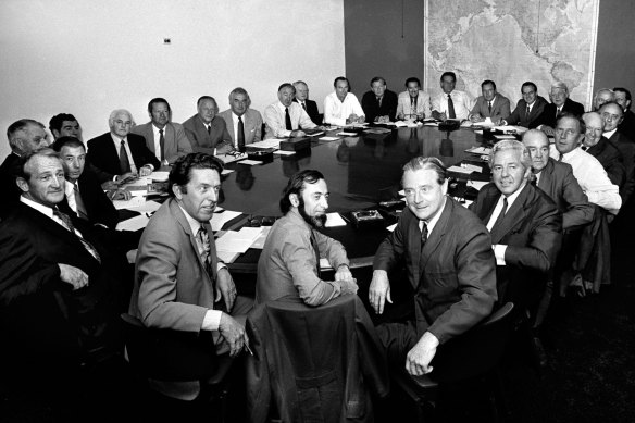 Moss Cass, centre, as part of the second Whitlam government ministry.
