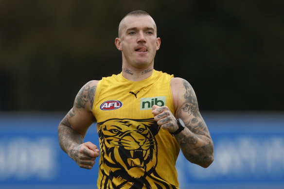 Dustin Martin trains at Richmond on Thursday.