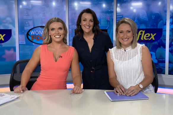 Women's Footy Show hosts Abbey Holmes, Bianca Chatfield and Lauren Wood.