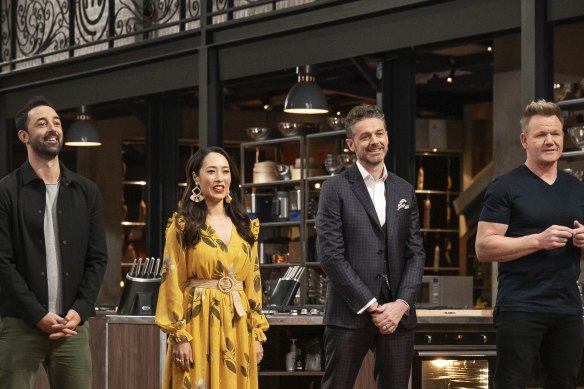 MasterChef Australia judges Andy Allen, Melissa Leong and Jock Zonfrillo with guest chef Gordon Ramsay.