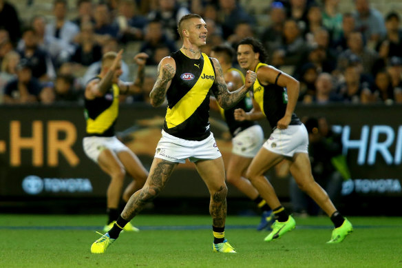 Martin celebrates a goal during the opening round match against Carlton in 2017.