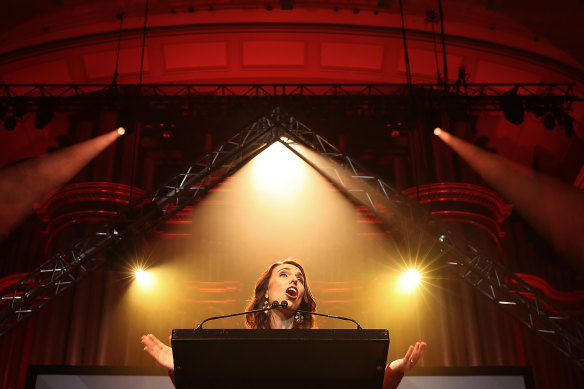 Jacinda Ardern celebrates her win during the Labor Party Election Night Function at Auckland Town Hall.