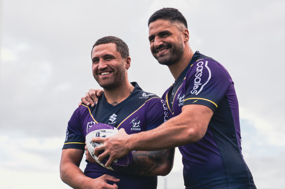 Kenny Bromwich (left) and his brother Jesse at the Storm. They are only the second brothers to both play 200 games at one NRL club.