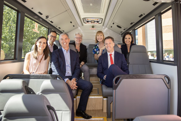 Chris Minns on his campaign bus with Labor colleagues (from left) Courtney Houssos, Daniel Mookhey, John Graham, Penny Sharpe, Jo Hayden, and deputy leader Prue Car last Sunday.
