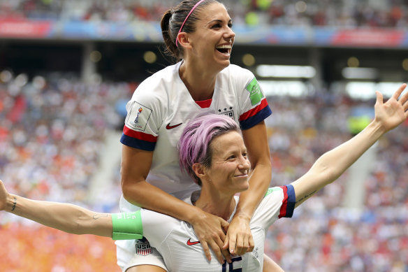 Finishing the job: Megan Rapinoe celebrates after scoring the opening goal of the World Cup final against the Netherlands in Lyon.