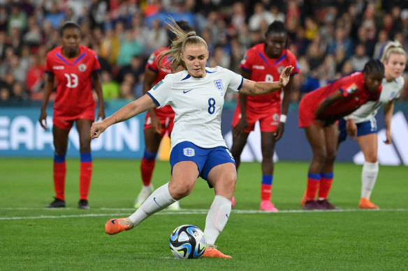 Georgia Stanway of England scores her team’s first goal from a penalty during the FIFA Women’s World Cup match against Haiti.