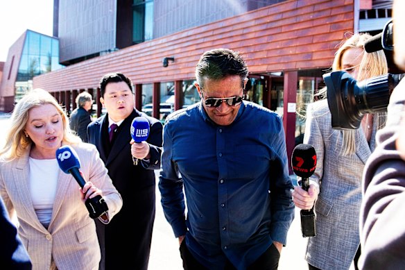 Nicky Winmar leaves Bendigo Magistrates’ Court on Friday.