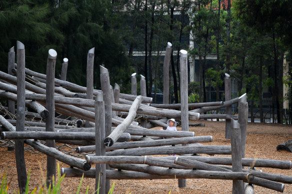 There are plenty of spots to climb and perch on at the Royal Park Nature Playground. 