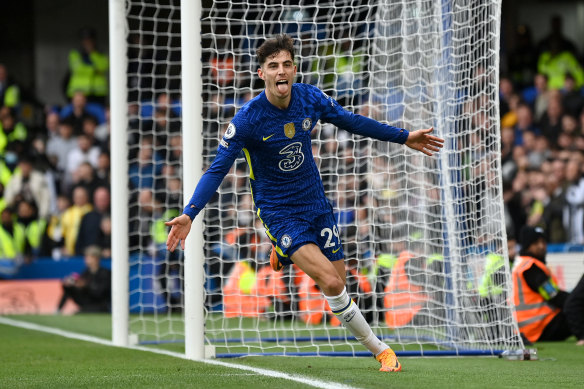 Kai Havertz celebrates scoring for Chelsea.