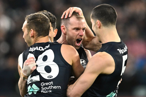 Inspirational: Sam Docherty kicks a goal during Carlton’s 2023 finals campaign.