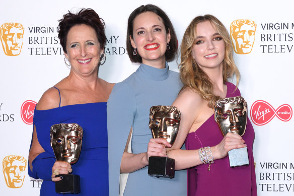 Fiona Shaw, writer/creator Phoebe Waller-Bridge and Jodie Comer at the 2019 BAFTAs, where Killing Eve picked up three awards.