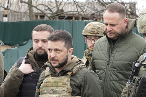 Ukrainian President Volodymyr Zelensky examining the site of a recent battle in Bucha, close to Kyiv.